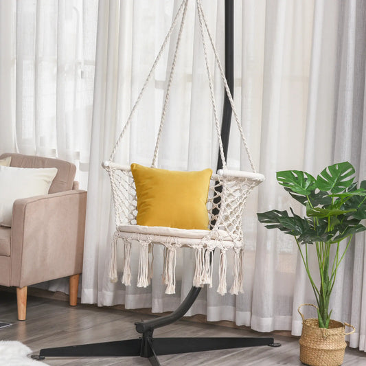 Hanging Hammock Chair, Cotton Rope Swing with Metal Frame, Large, Cream White Hammock Swings Cream white, Light grey at Gallery Canada