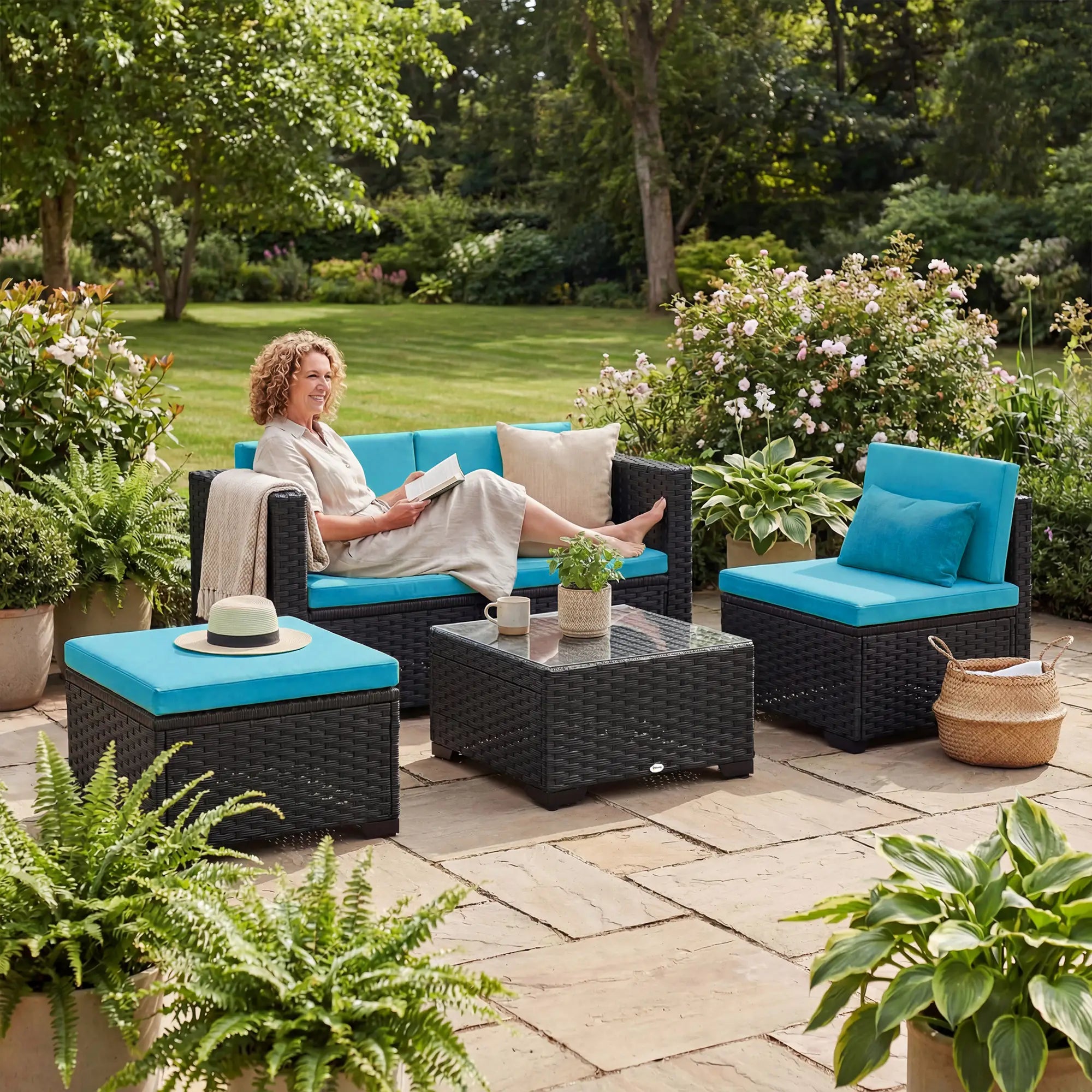 5 Piece Patio Furniture Set, L-Shape Wicker Sectional, Turquoise Patio Furniture Sets at Gallery Canada