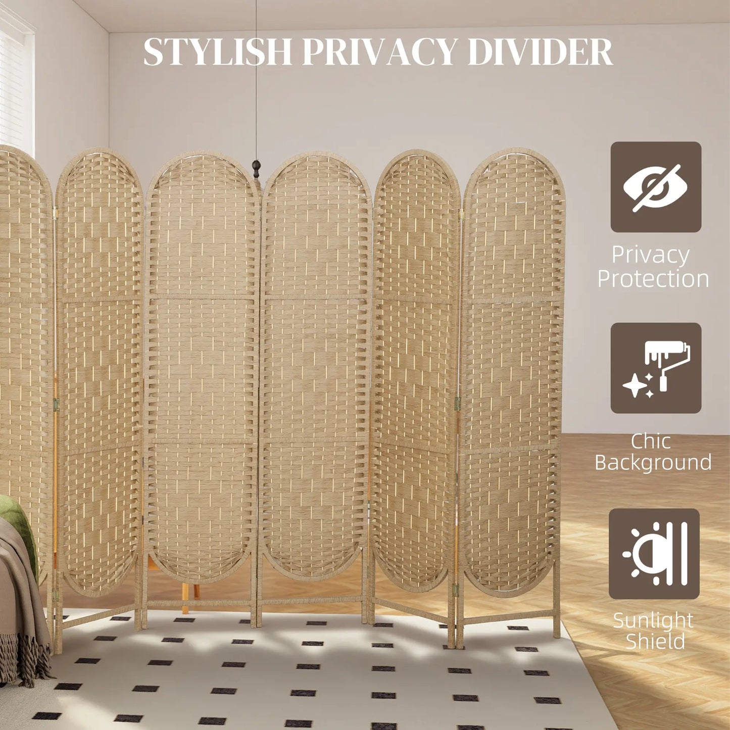 6 Panel Bohemian Privacy Screen, Arched Top Room Divider, Natural Wood