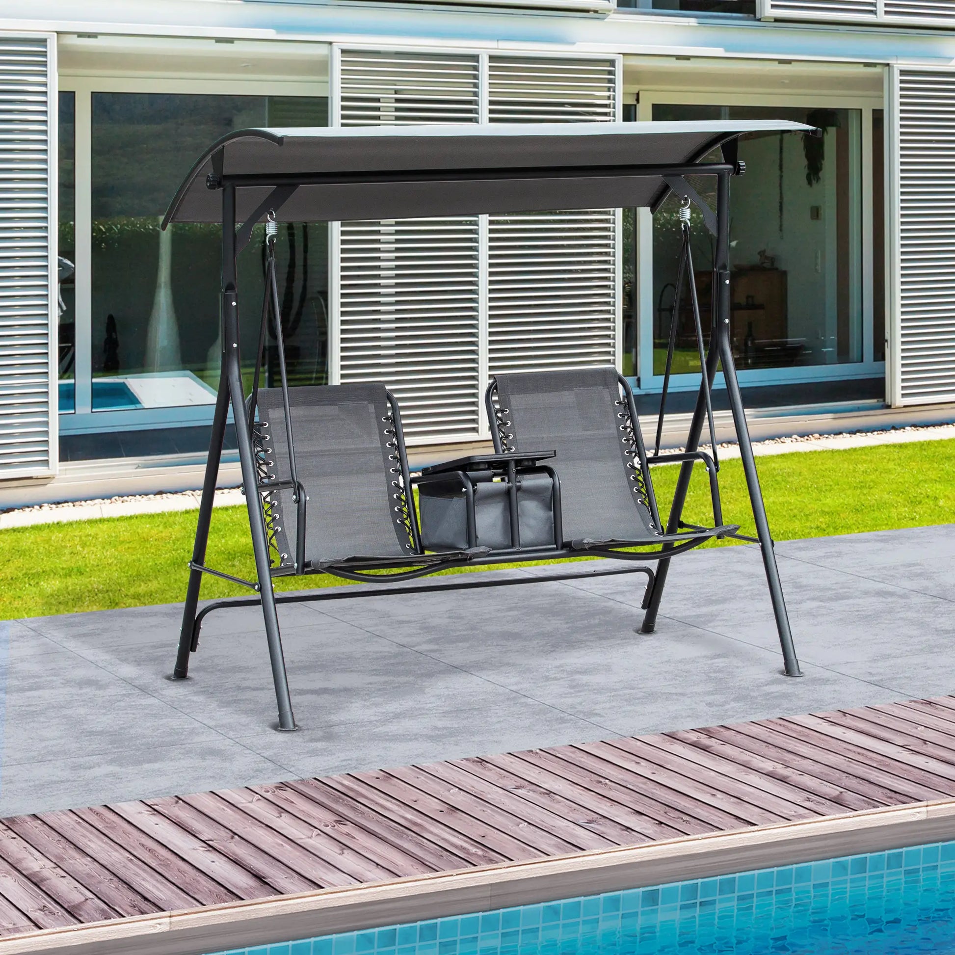 2 Person Porch Swing with Storage Table, Cup Holder, Canopy, Grey Patio Swings with Stand at Gallery Canada
