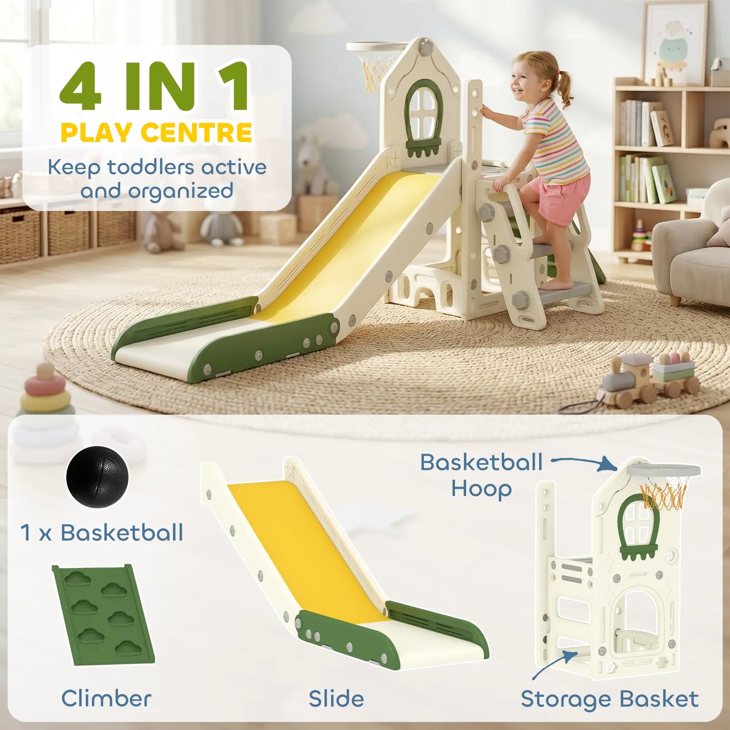 Foldable 4 in 1 Toddler Slide with Climber, Basketball Hoop, Storage Space and Basketball for Ages 1-3 Years, Cream Gym Sets & Swings at Gallery Canada