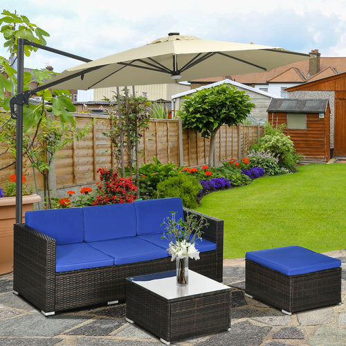 3-Piece Patio Furniture Set, Outdoor PE Rattan Sofa, Glass Table, Blue