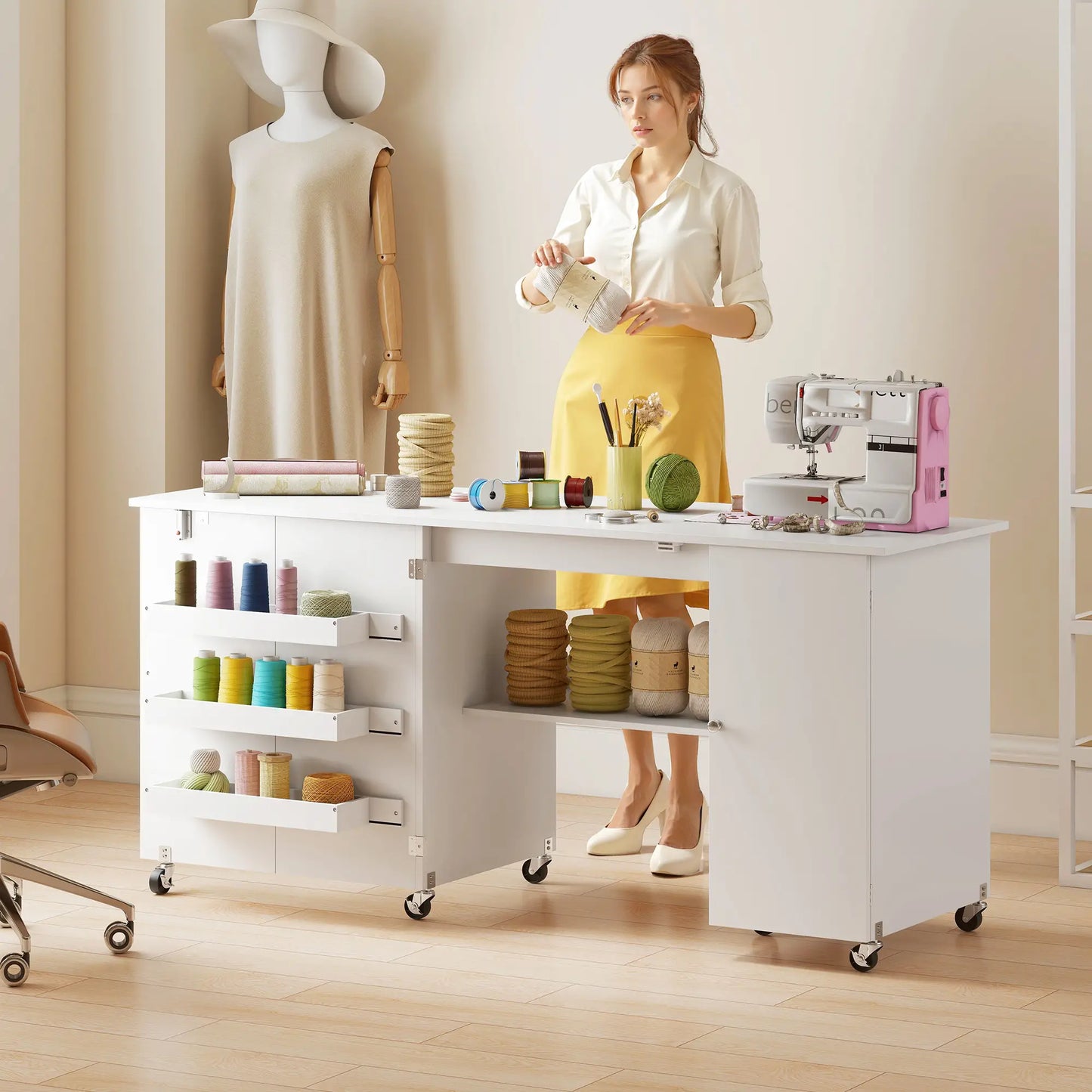 Sewing Machine Table, Drop Leaf, 2 Doors, Adjustable Shelf, White Sewing Cabinets at Gallery Canada