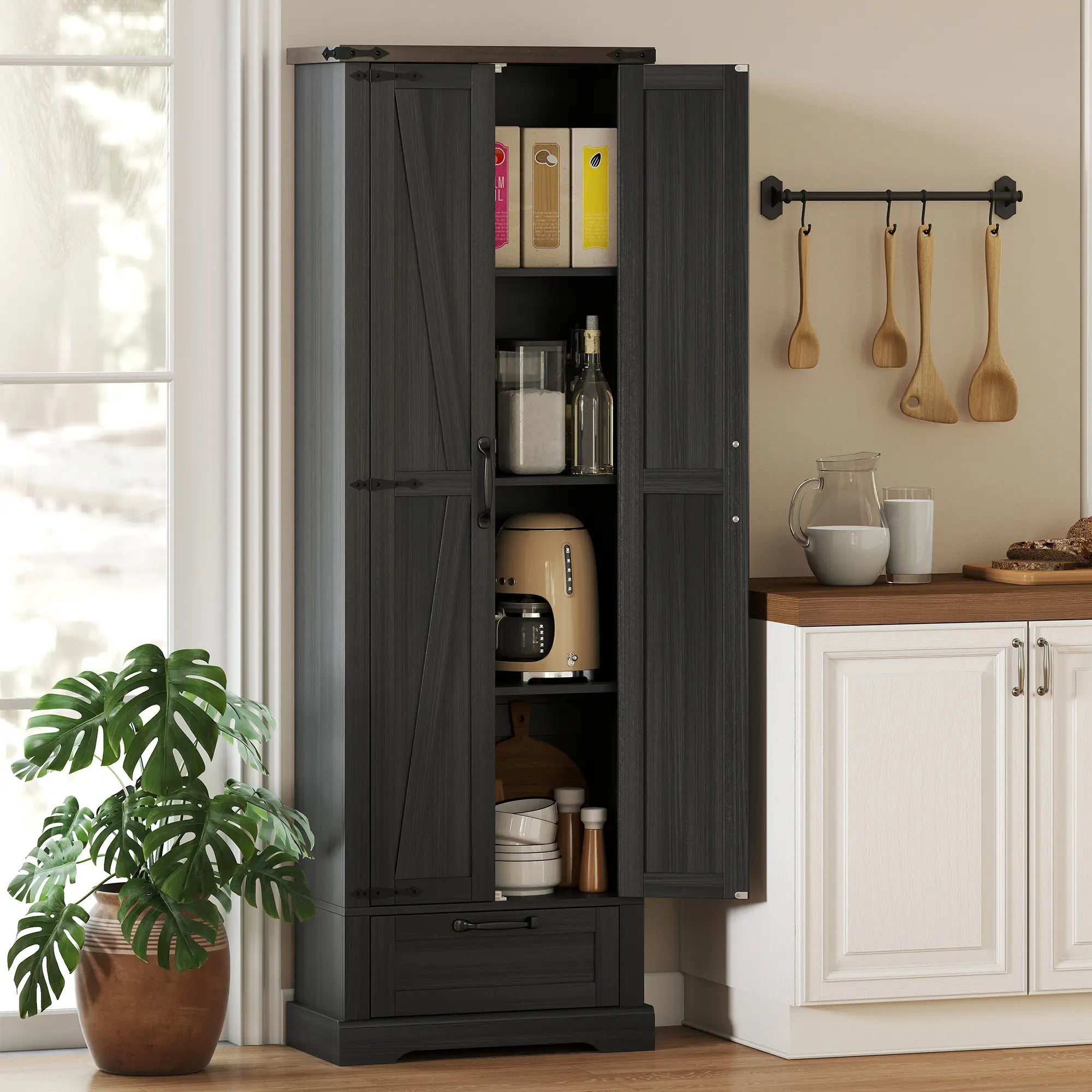 71 Inch Pantry Cabinet, Kitchen Storage with Adjustable Shelves, 2 Doors, Drawer, Black Kitchen Pantry Cabinets at Gallery Canada