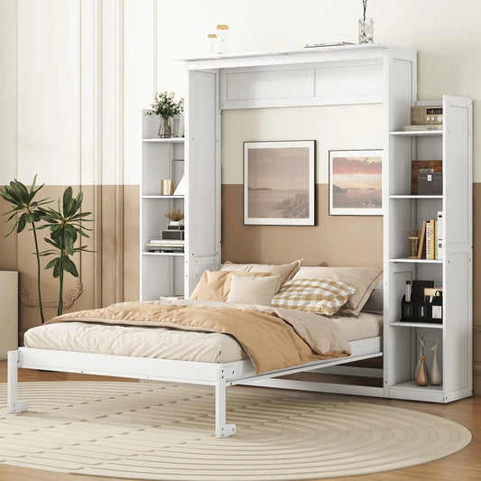Murphy Bed with Shelves, LED Lights, 91" L x 81" W x 84" H, White Bed Frames White at Gallery Canada