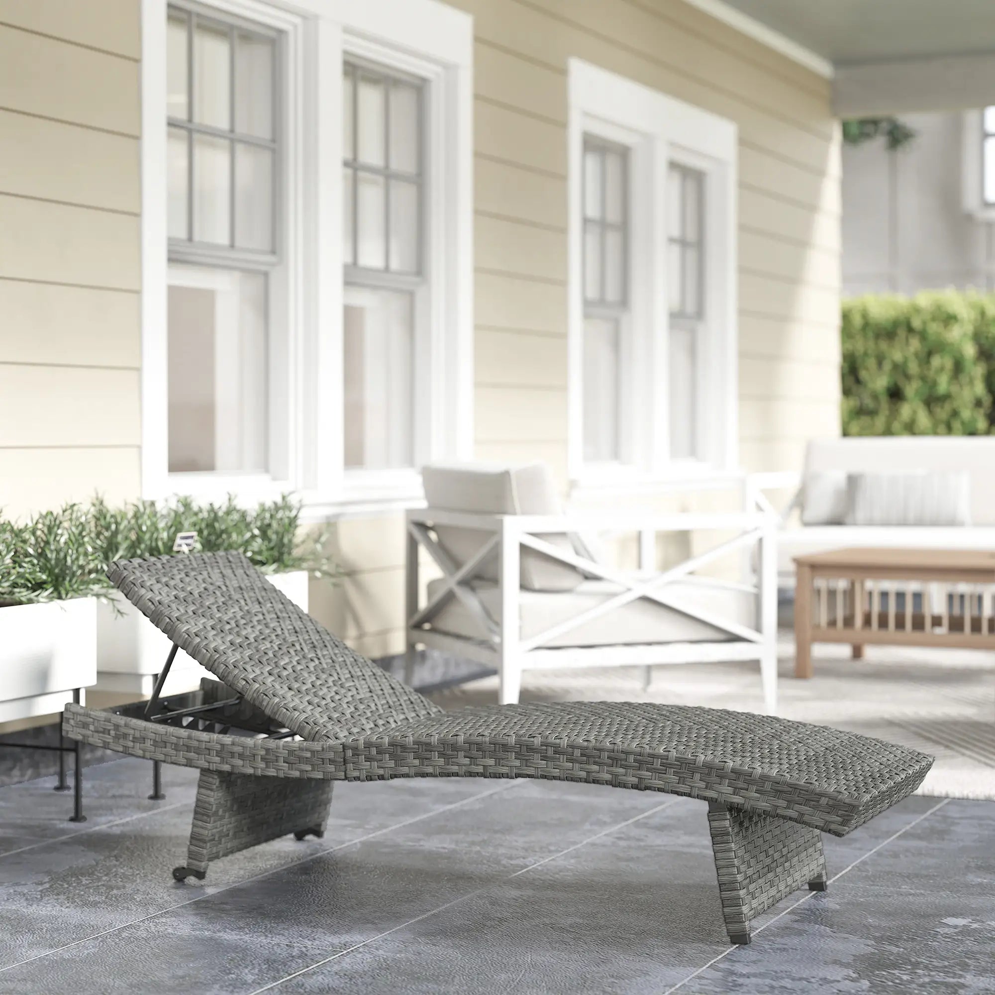 Folding Wicker Outdoor Chaise Lounge, 4-Level Adjustable Backrest, Grey Wicker Chaise Loungers at Gallery Canada