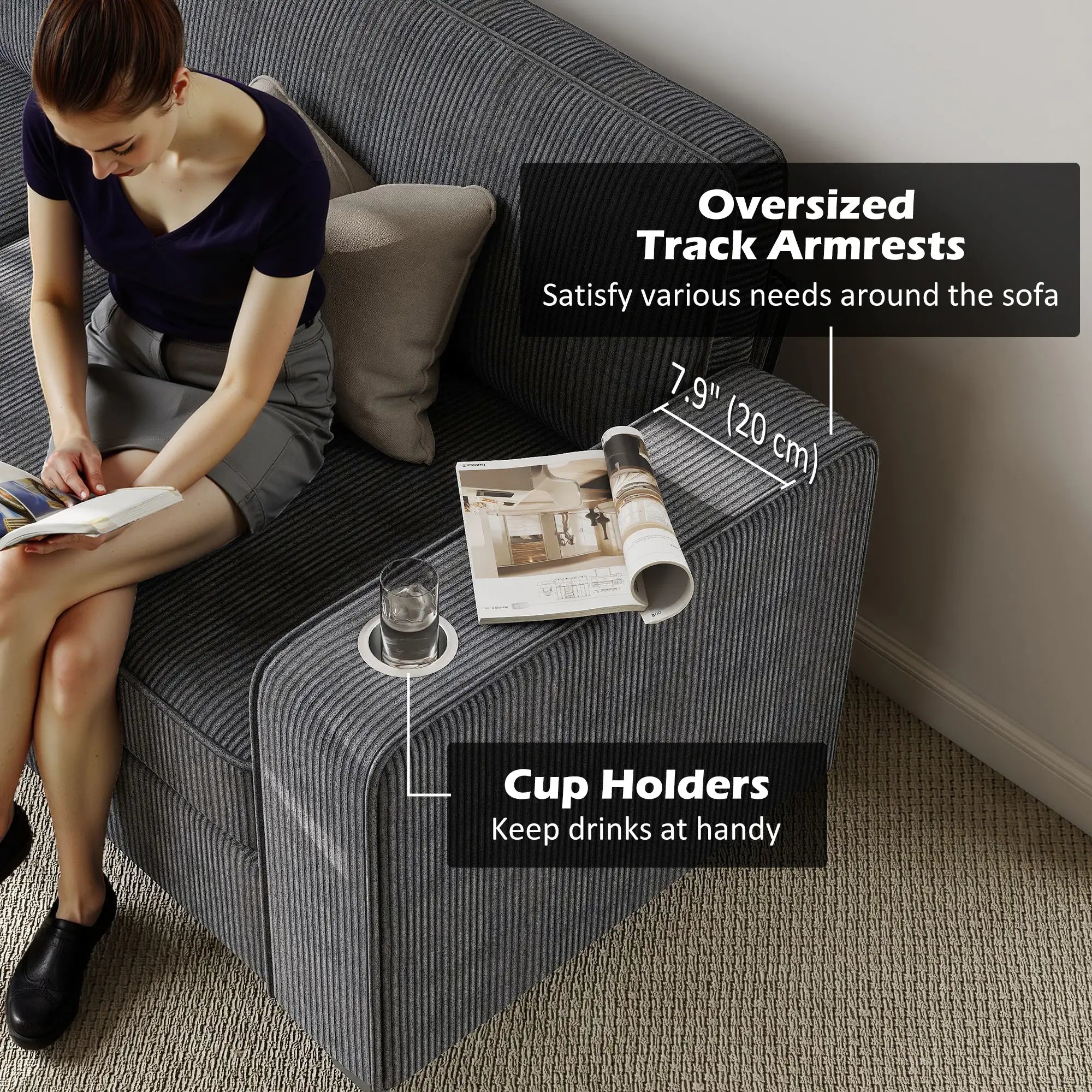 Three Seater Sofa, Fabric Couch with Spring Cushion, Cup Holders, Dark Grey 3-Seater Sofas at Gallery Canada