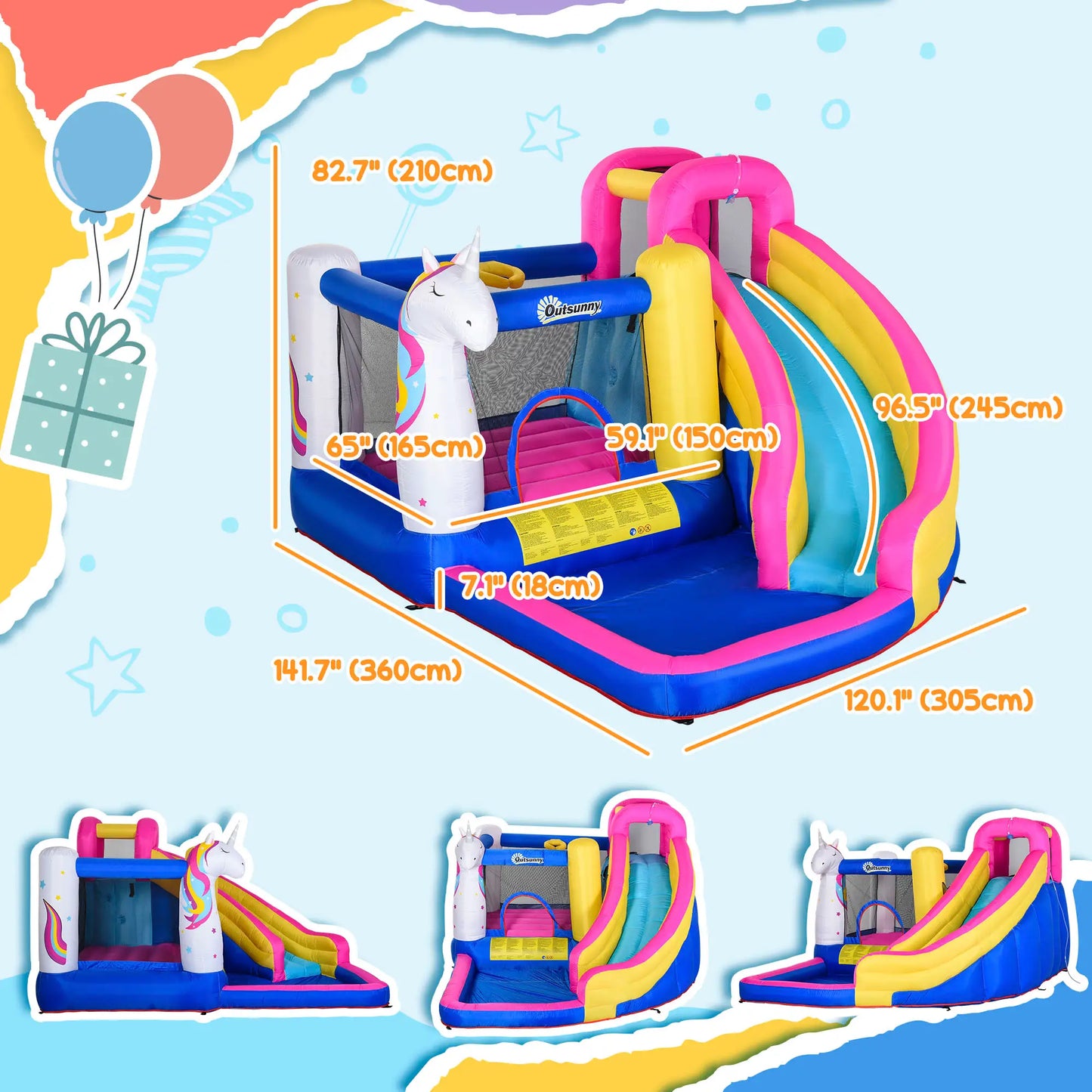 5 in 1 Inflatable Bounce Castle, Trampoline Water Slide, 12.4' x 10.5' x 6.9', Multi-color Inflatables at Gallery Canada