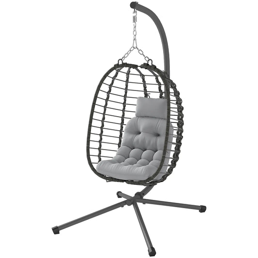 Hanging Egg Chair With Stand, Foldable Wicker Rattan Swing Chair, Light Grey Patio Chairs Light Grey at Gallery Canada
