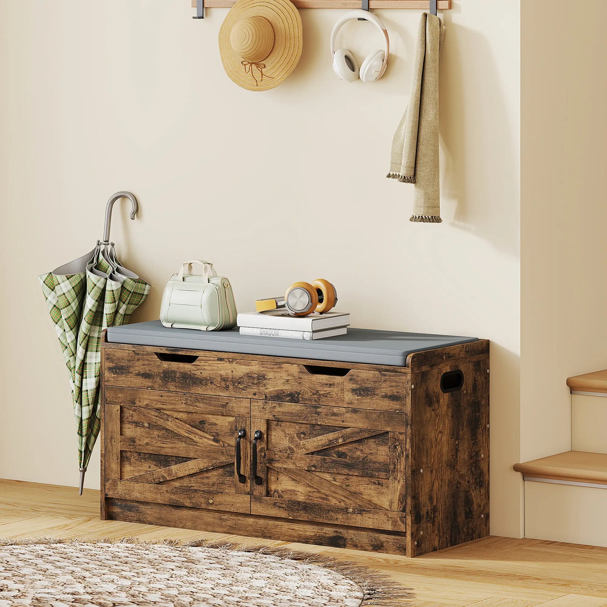 Shoe Storage Bench, 2-Tier Cabinet, Flip-Top, Padded Cushion, Rustic Brown Shoe Storage Cabinets & Racks at Gallery Canada