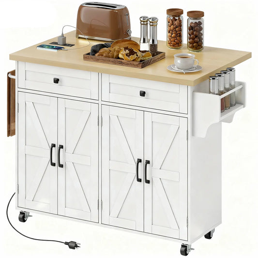 Rolling Kitchen Cart With Charging Station, Drop Leaf, Drawers Kitchen Islands & Kitchen Carts White, Natural Wood at Gallery Canada