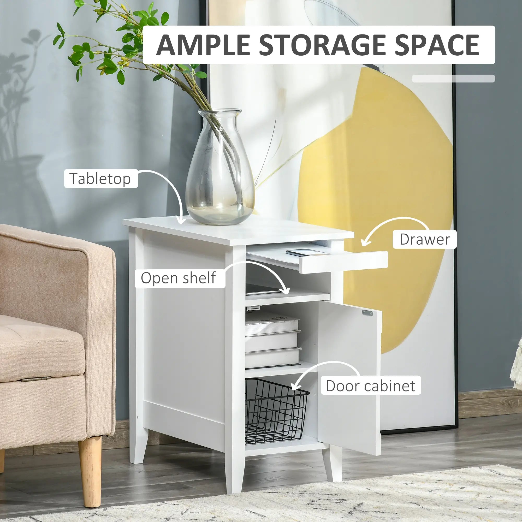 3-Tier Wooden Nightstand, Pullout Shelf, Adjustable Shelf, Door Cabinet, White Side Tables at Gallery Canada