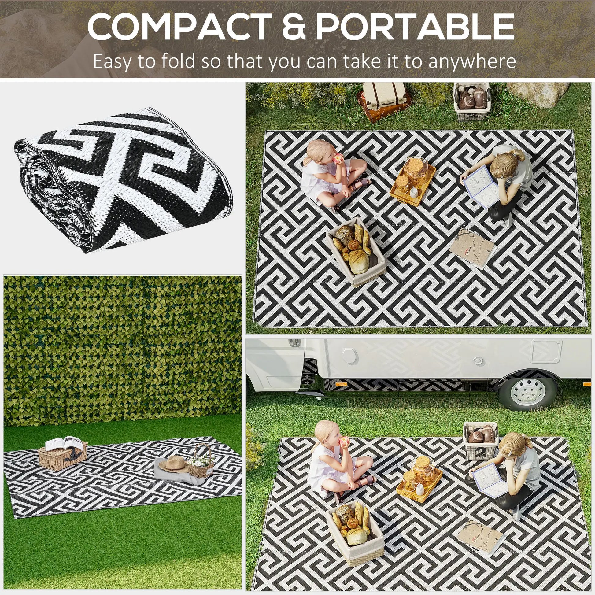 Reversible Outdoor RV Rug, Patio Floor Mat, 5' x 8', Black & White Garden Decor at Gallery Canada