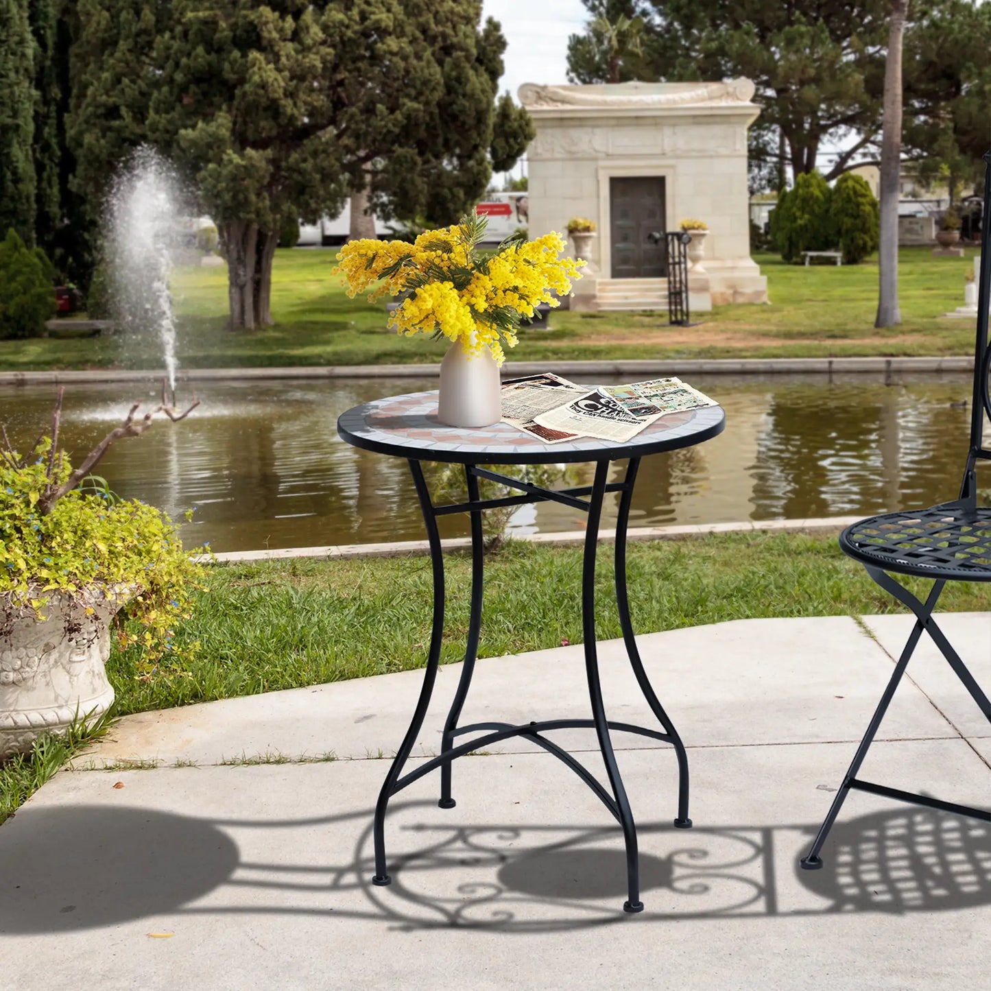 23.5" Round Mosaic Patio Table, Metal Outdoor Coffee Table, Ceramic Top Patio Side Tables at Gallery Canada