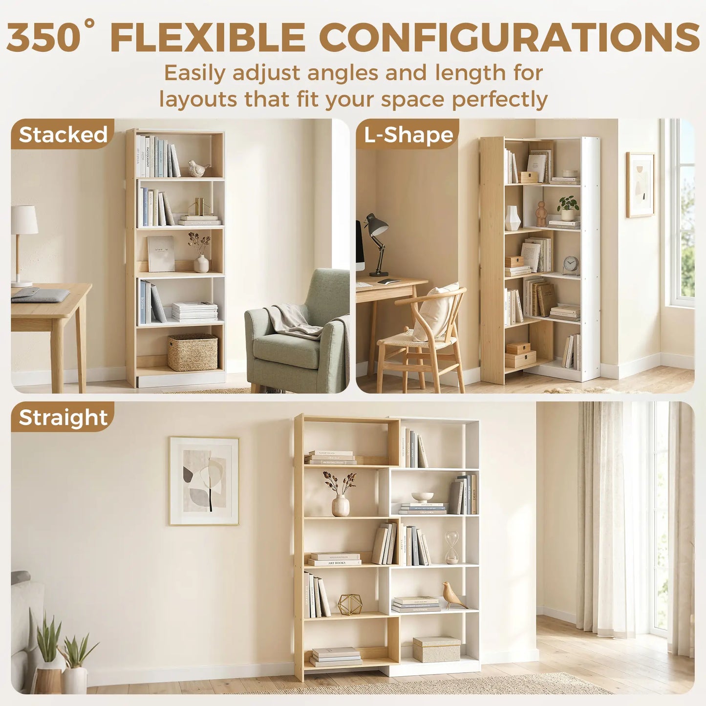 Corner Bookshelf, 5-Tier L-Shaped Bookcase with 350° Rotating Design, Two-Tone Design, Fruitwood/White Display Bookshelves at Gallery Canada