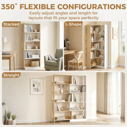 Corner Bookshelf, 5-Tier L-Shaped Bookcase with 350° Rotating Design, Two-Tone Design, Fruitwood/White Display Bookshelves at Gallery Canada