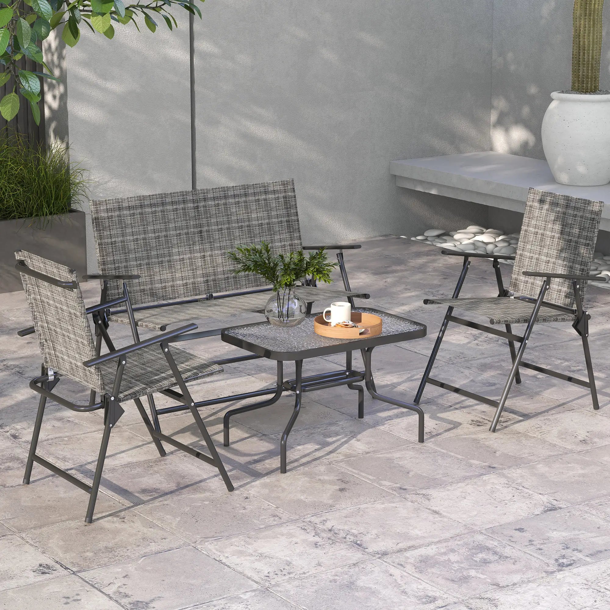 4 Piece Patio Furniture Set, Two Foldable Armchairs, Loveseat, Glass Top Table, Mixed Grey Patio Furniture Sets at Gallery Canada
