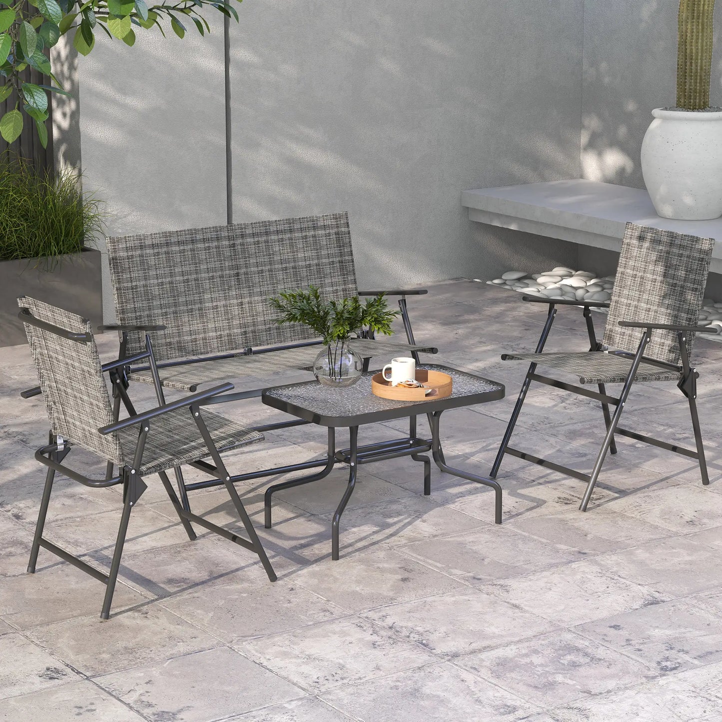 4 Piece Patio Furniture Set, Two Foldable Armchairs, Loveseat, Glass Top Table, Mixed Grey Patio Furniture Sets at Gallery Canada