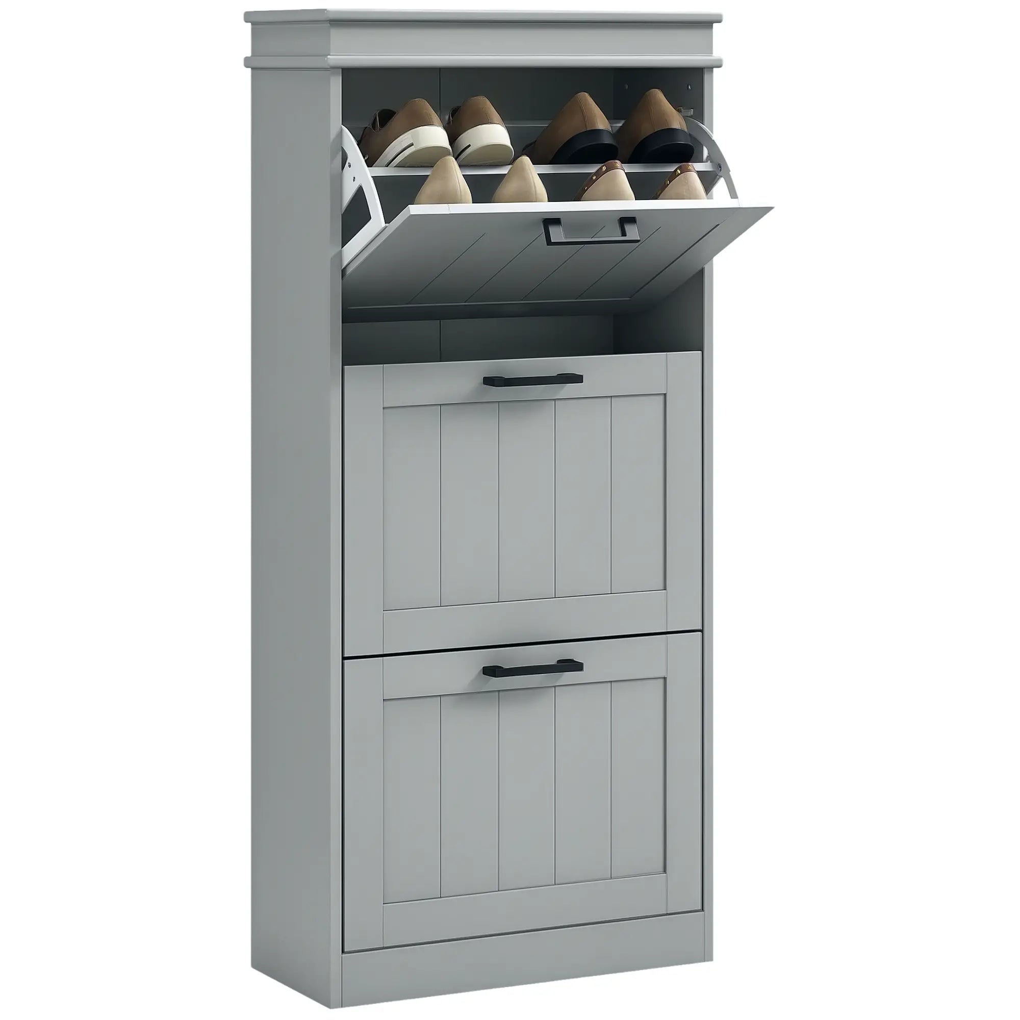 Slim Shoe Cabinet with 3 Flip Drawers and Adjustable Shelves, Narrow Shoe Cabinet for 15 Pairs of Shoes, Grey Shoe Storage Cabinets & Racks at Gallery Canada