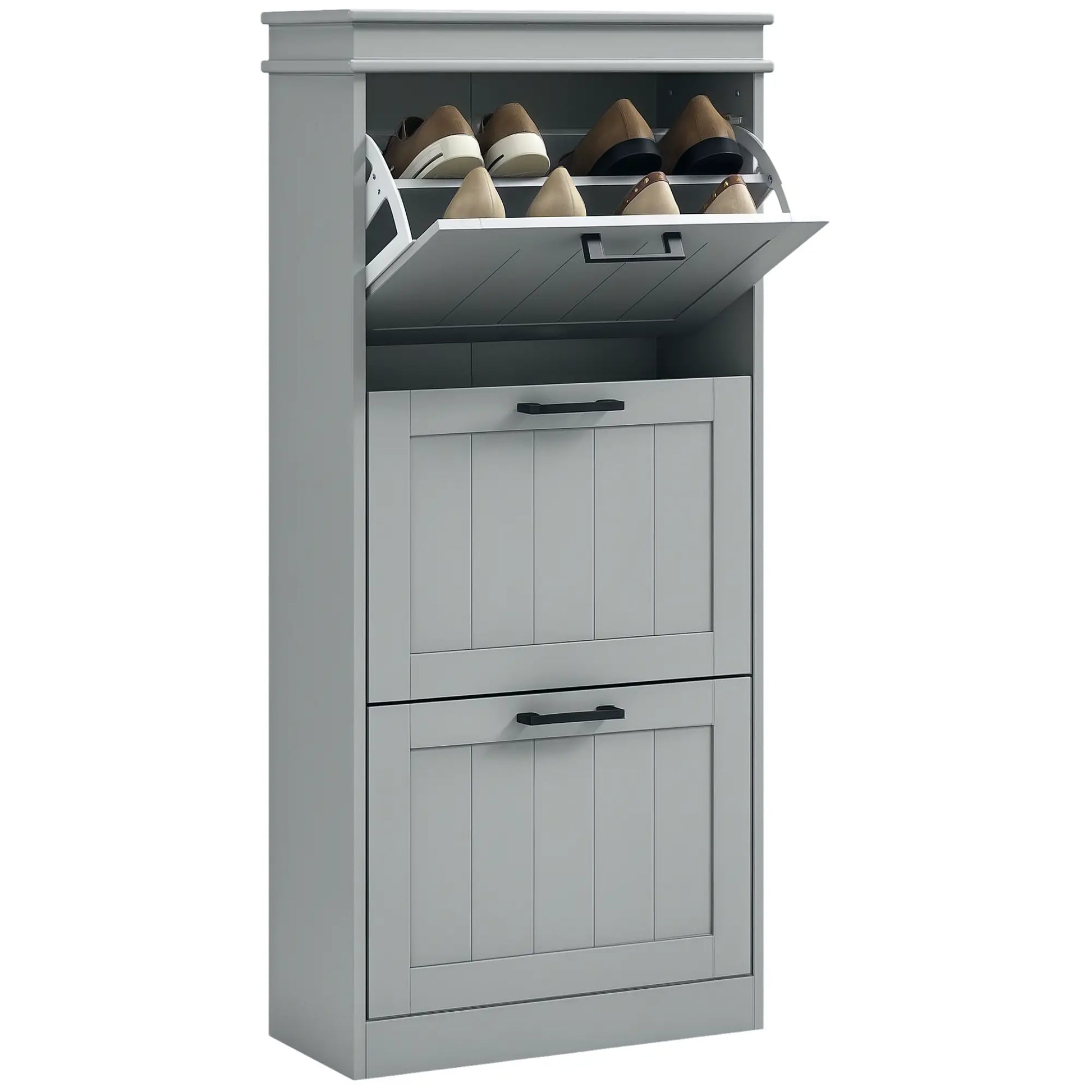 Slim Shoe Cabinet with 3 Flip Drawers and Adjustable Shelves, Narrow Shoe Cabinet for 15 Pairs of Shoes, Grey Shoe Storage Cabinets & Racks at Gallery Canada