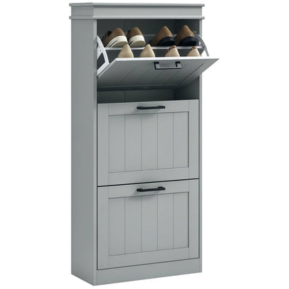 Slim Shoe Cabinet with 3 Flip Drawers and Adjustable Shelves, Narrow Shoe Cabinet for 15 Pairs of Shoes, Grey Shoe Storage Cabinets & Racks at Gallery Canada