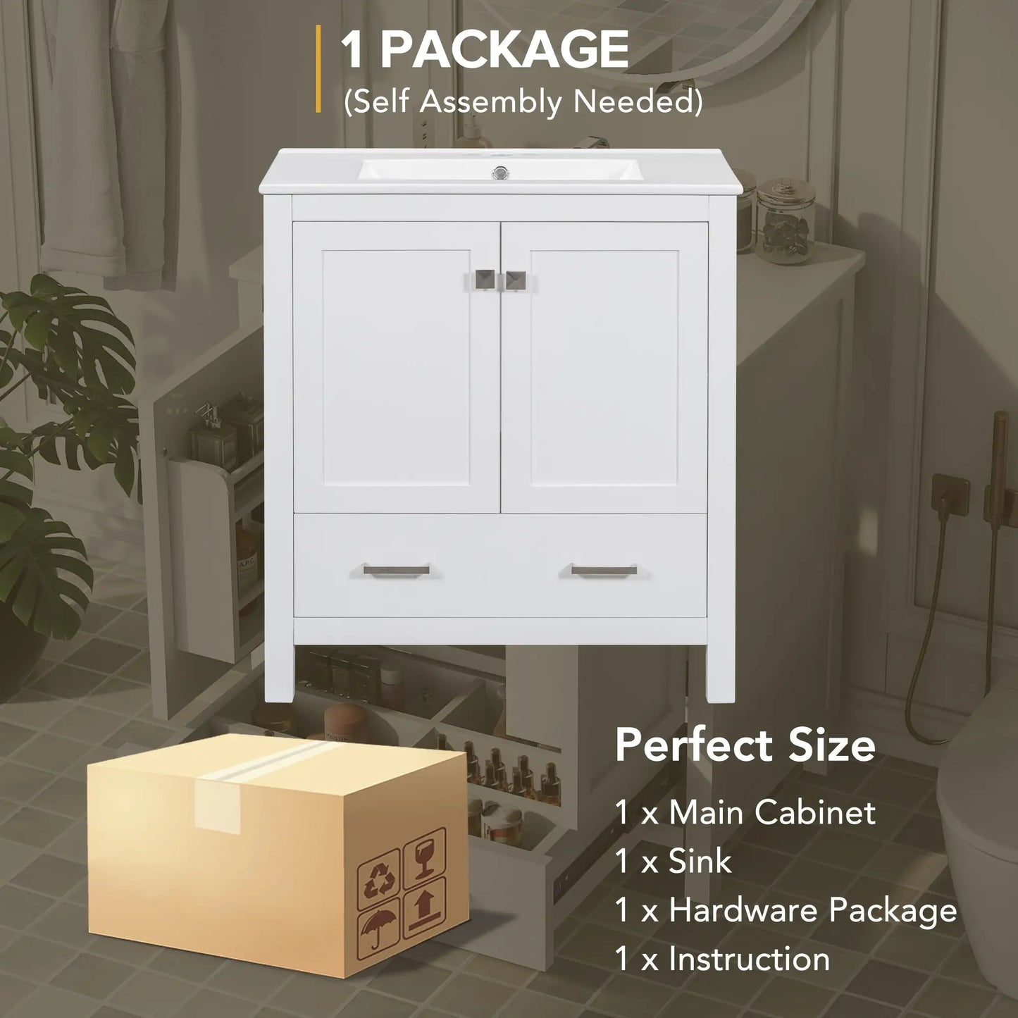 Single Sink Bathroom Vanity, Solid Wood, Soft-Close Doors, 30" L x 18.5" W x 34" H, White Sink Cabinets at Gallery Canada