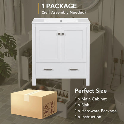 Single Sink Bathroom Vanity, Solid Wood, Soft-Close Doors, 30" L x 18.5" W x 34" H, White Sink Cabinets at Gallery Canada