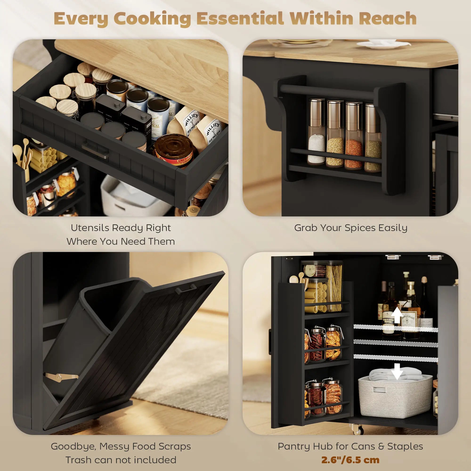 Kitchen Island Cart, Portable Table with Charging Station, Rubber Wood Drop Leaf, Trash Storage, Black Kitchen Islands & Kitchen Carts at Gallery Canada