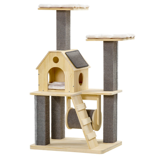 49" Cat Tree Kitty Activity Center Wooden Cat Climbing Toy Pet Furniture with Cat Condo Cat Roller Ladder Cushions Sisal Scratching Post Pad, Natural - Gallery Canada