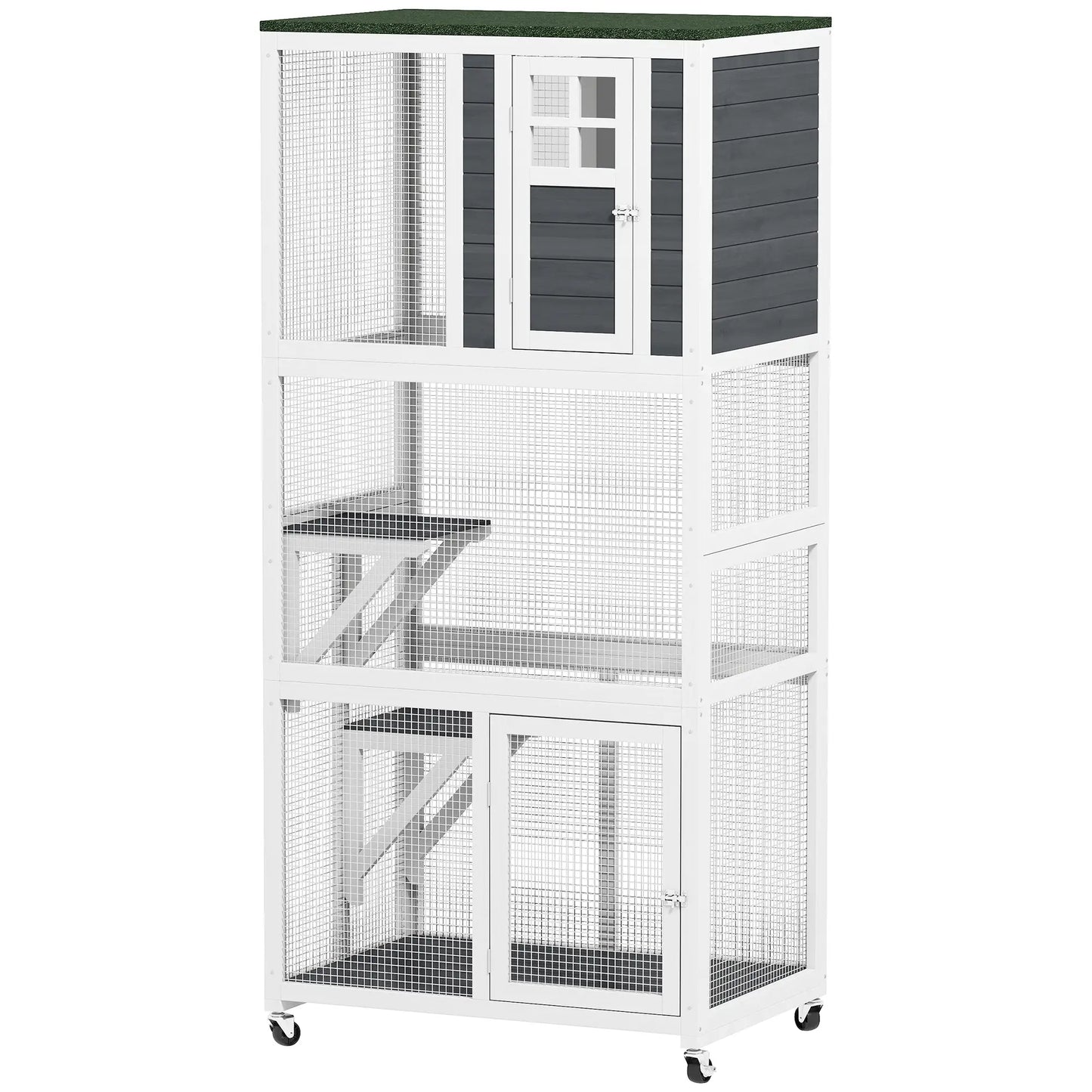 74" Wooden Outdoor Cat House, Weatherproof, Wheeled, High Weight Capacity, White Outdoor Cat Enclosures White, dark grey, green at Gallery Canada
