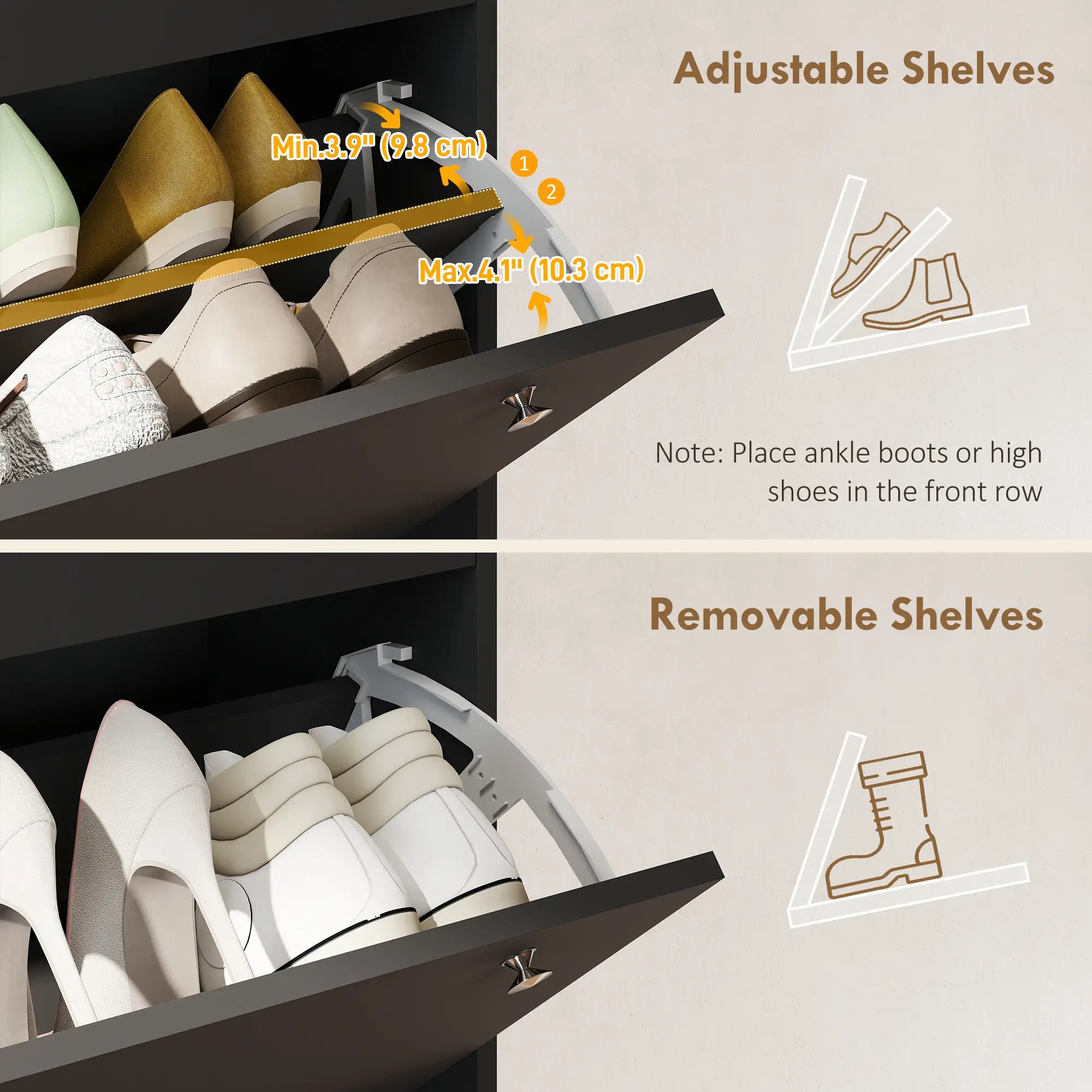 Narrow Shoe Cabinet with 4 Flip Drawers, Adjustable Shelves, Holds 24-32 Pairs, Black Shoe Storage Cabinets & Racks at Gallery Canada