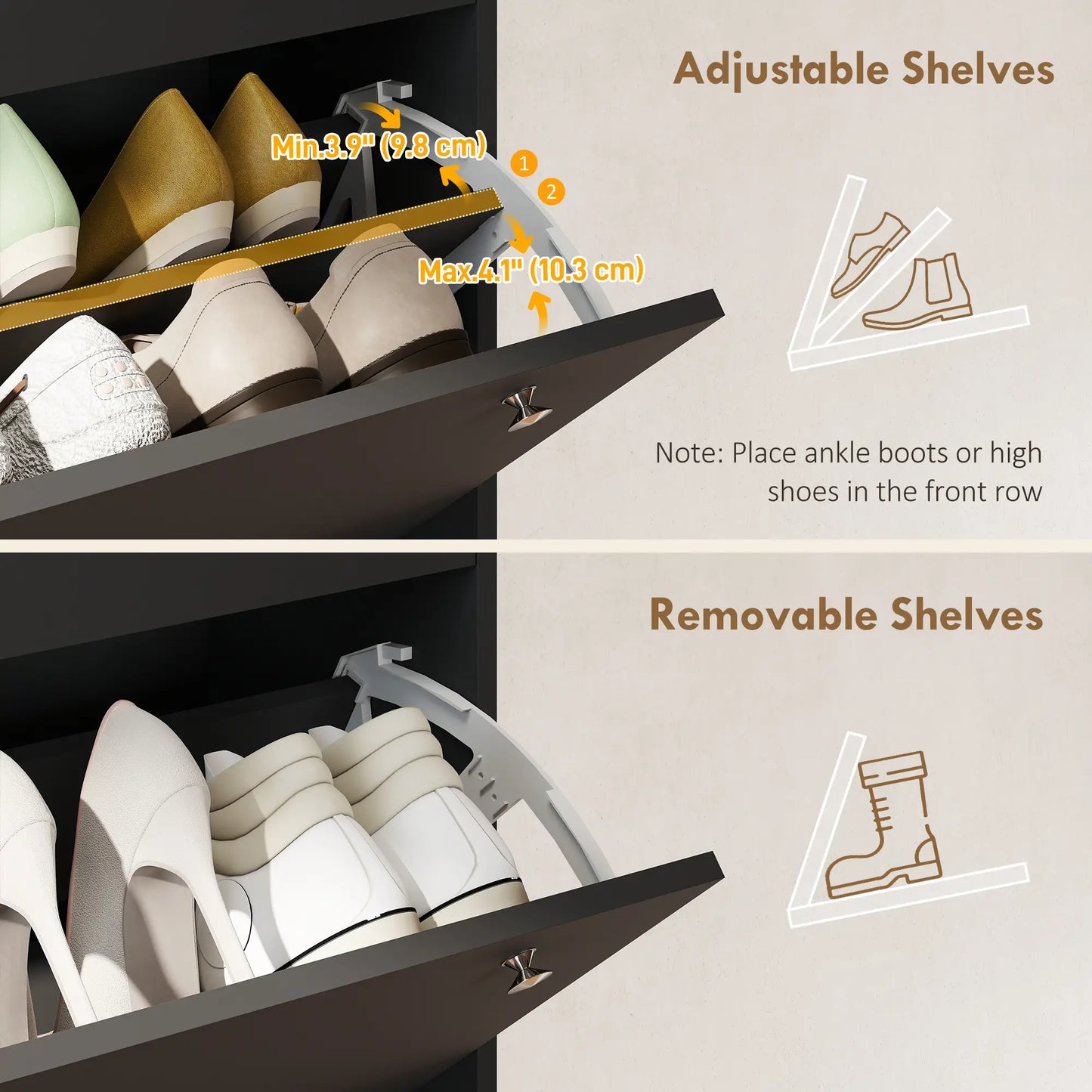 Narrow Shoe Cabinet with 4 Flip Drawers, Adjustable Shelves, Holds 24-32 Pairs, Black Shoe Storage Cabinets & Racks at Gallery Canada