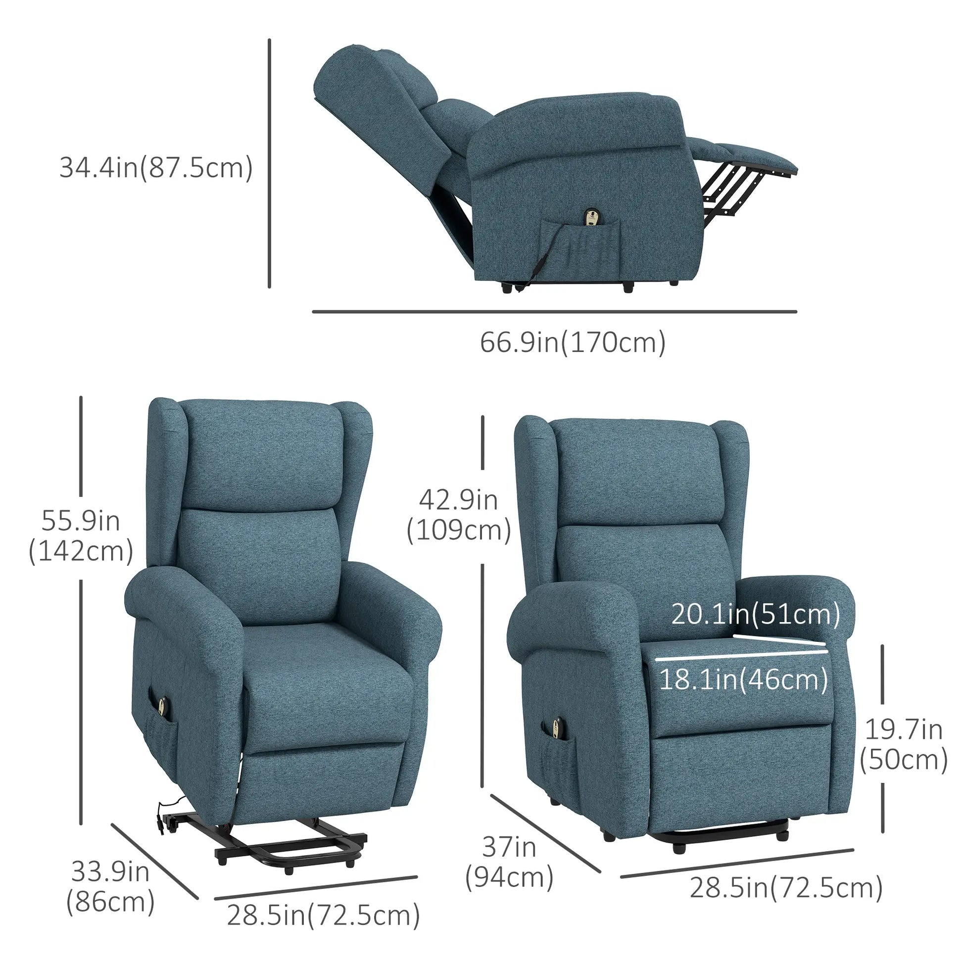 Wingback Lift Chair, Power Recliner with Footrest, Remote, Side Pockets, Blue Electric Power Lift Chairs at Gallery Canada