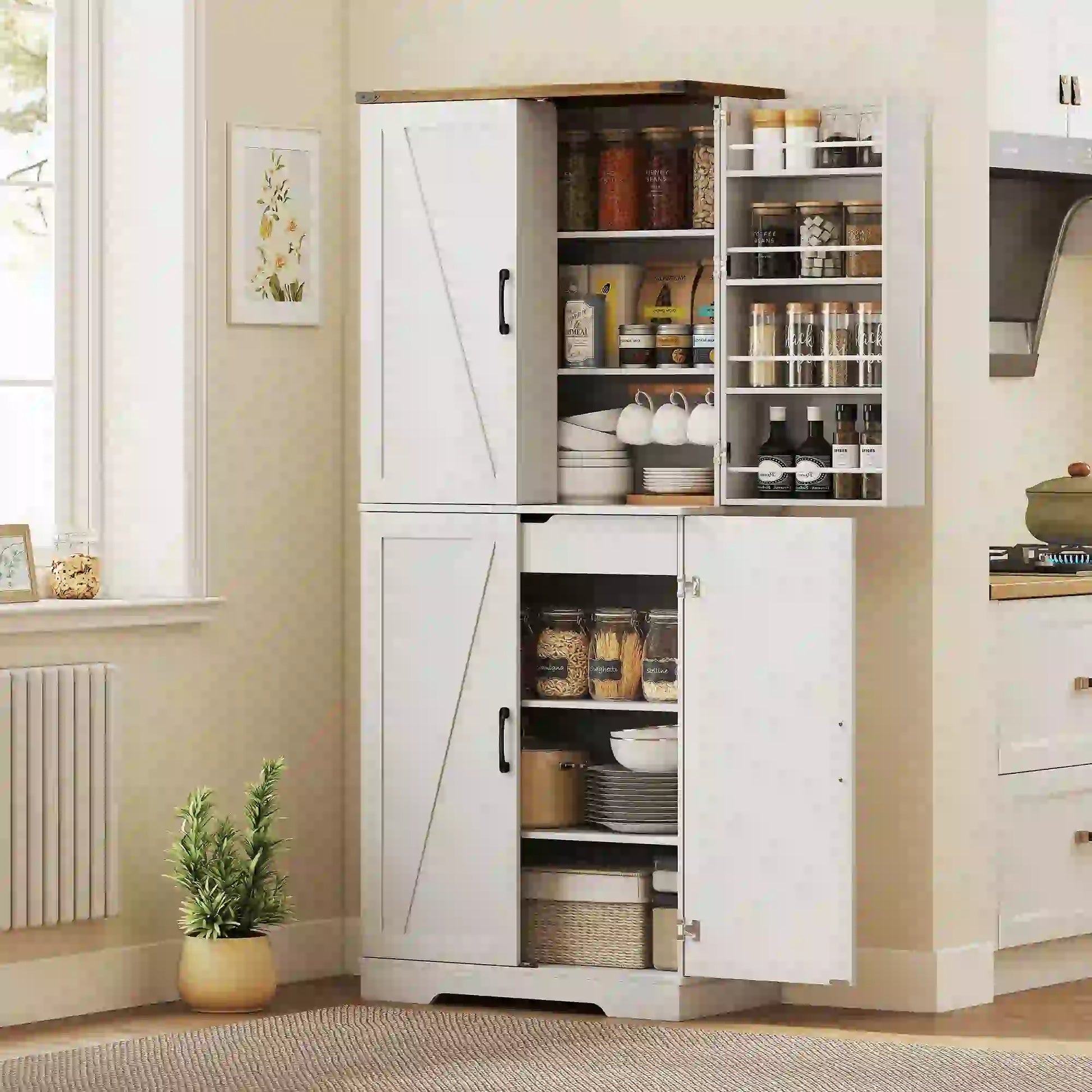 72 Inch Kitchen Pantry Cabinet, Farmhouse Storage with 4 Doors, Drawer, White Kitchen Pantry Cabinets at Gallery Canada