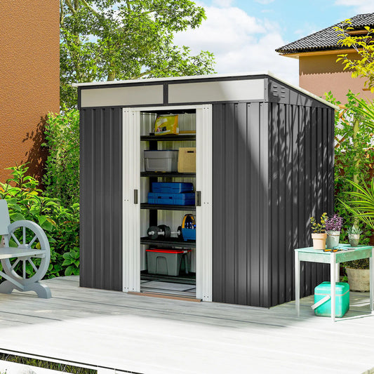 6.5x4FT Galvanised Metal Shed, Foundation Kit, Lockable Garden Storage, Sliding Doors, Vents, Grey Sheds Charcaol Grey at Gallery Canada