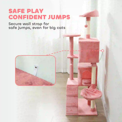63 Inch Cat Tree with Sisal Posts, Condos, Perches, Hammock, Pink Cat Towers at Gallery Canada