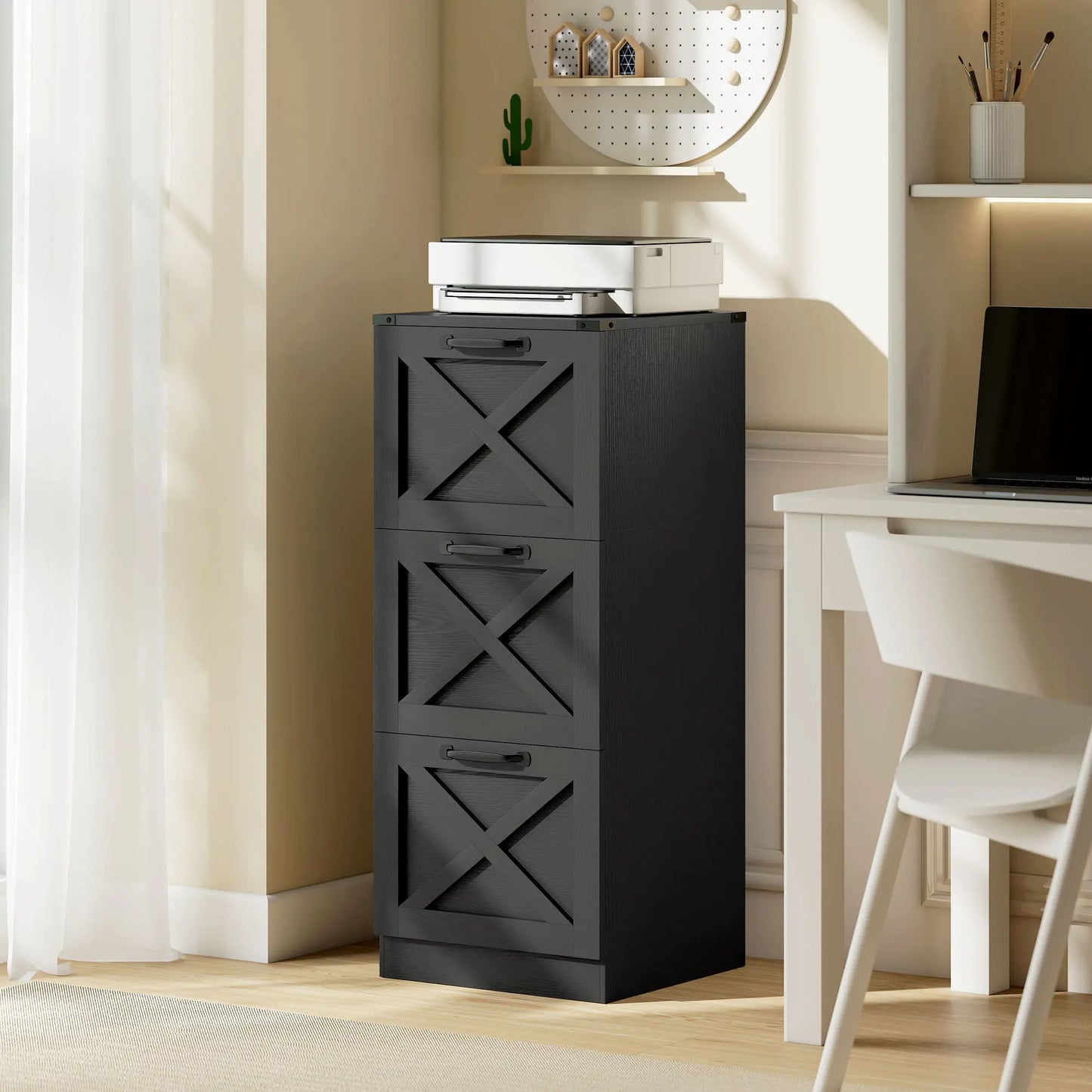 3 Drawer File Cabinet, Vertical Farmhouse, Letter/A4 Size, Black