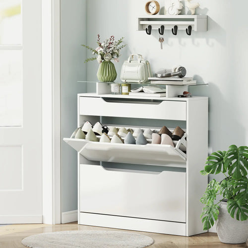 High Gloss Shoe Cabinet, 2 Flip Drawers, Adjustable Shelves, Glass Top, White