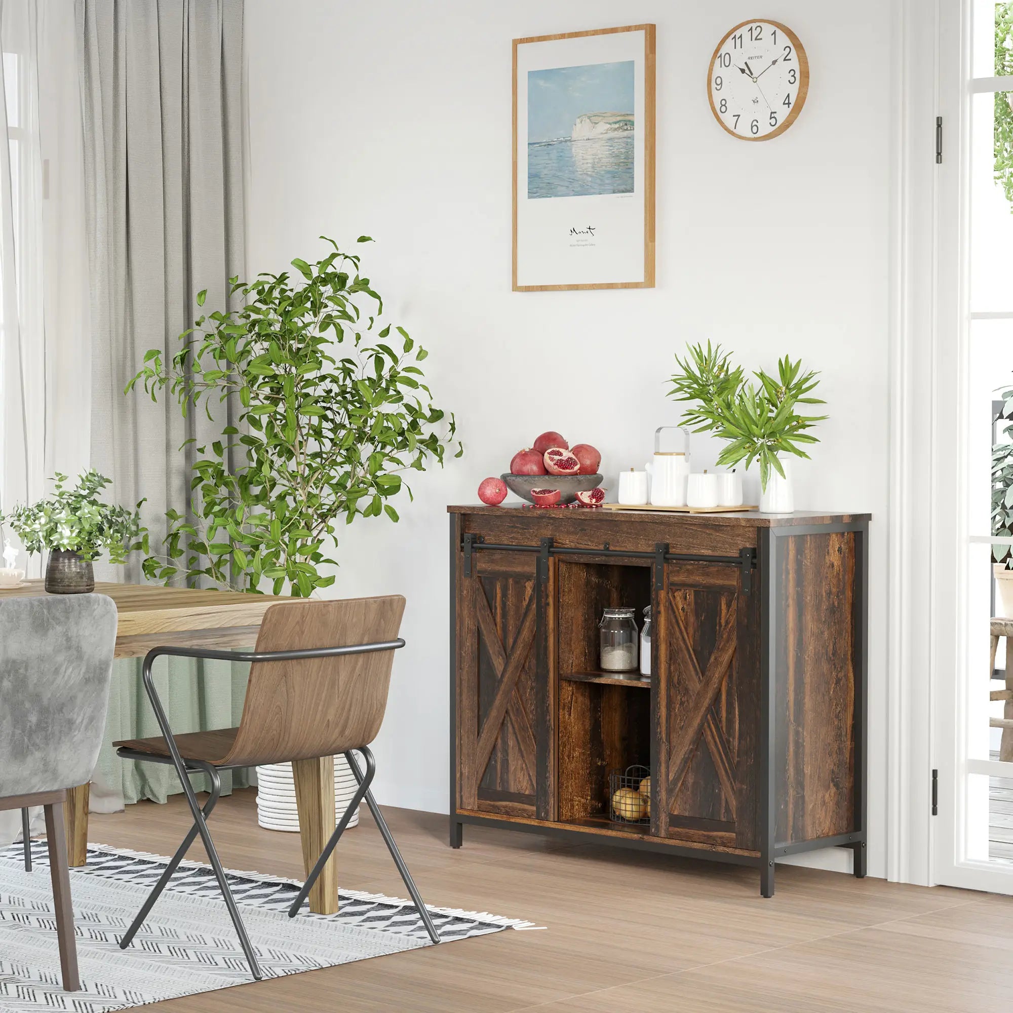 Industrial Sideboard, Buffet Cabinet with Sliding Barn Doors, Rustic Brown, Brown Bar Cabinets at Gallery Canada