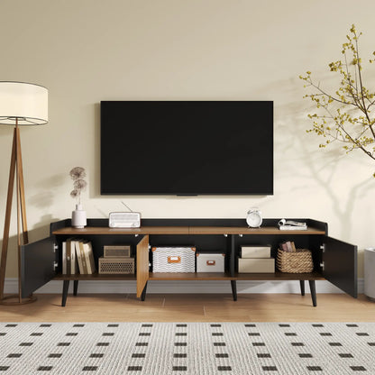 Three Door Stand, Raised Edge, Sturdy Wooden Legs, 63" L x 15.5" W x 19.5" H, Natural, Black TV Stands at Gallery Canada