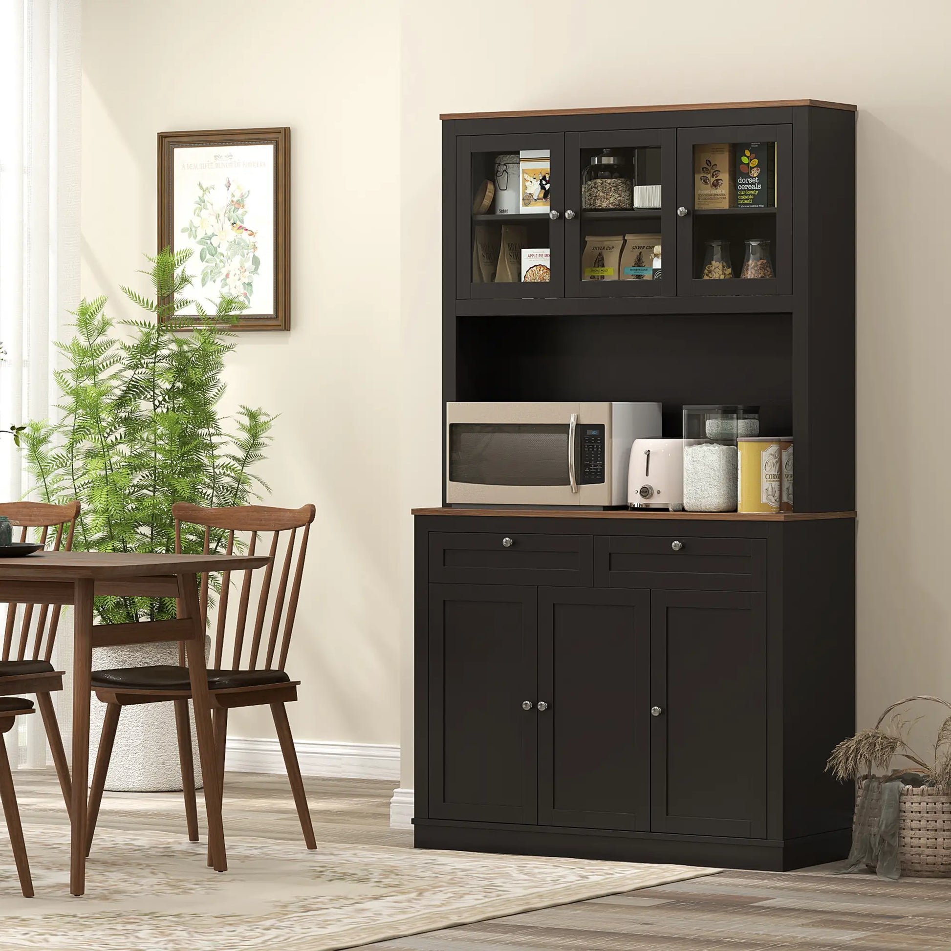 71" Pantry Cabinet with Microwave Space, Buffet Hutch, 2 Drawers, Adjustable Shelves, Black Kitchen Pantry Cabinets at Gallery Canada