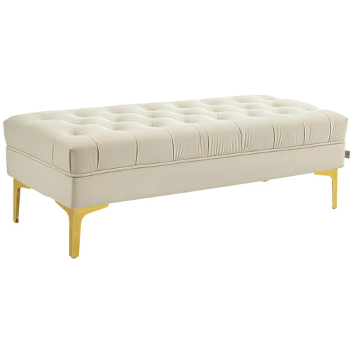 Upholstered End of Bed Bench, Button Tufted, Cream White