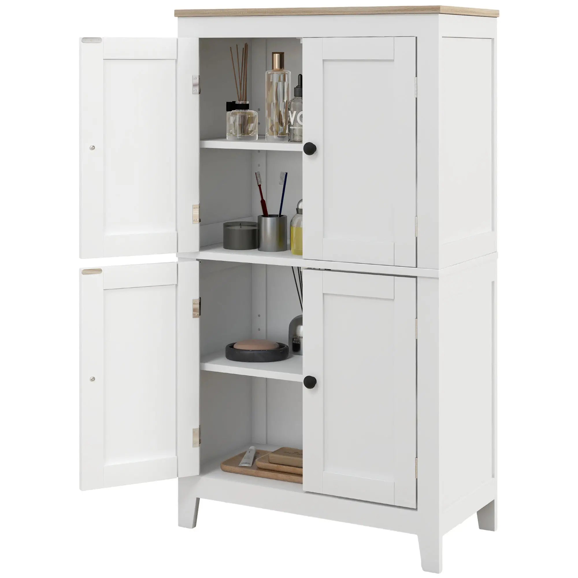 Bathroom Storage Cabinet, Modern Floor Cabinet, 4 Doors, 2 Shelves, White Freestanding Bathroom Cabinets White, Oak at Gallery Canada