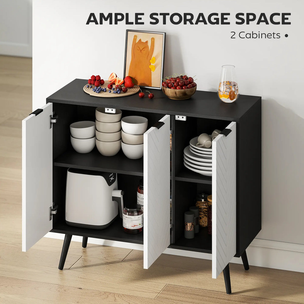Modern Sideboard Buffet, Dining Room Cabinet, Adjustable Shelves, 3 Doors, Black Storage Cabinets at Gallery Canada