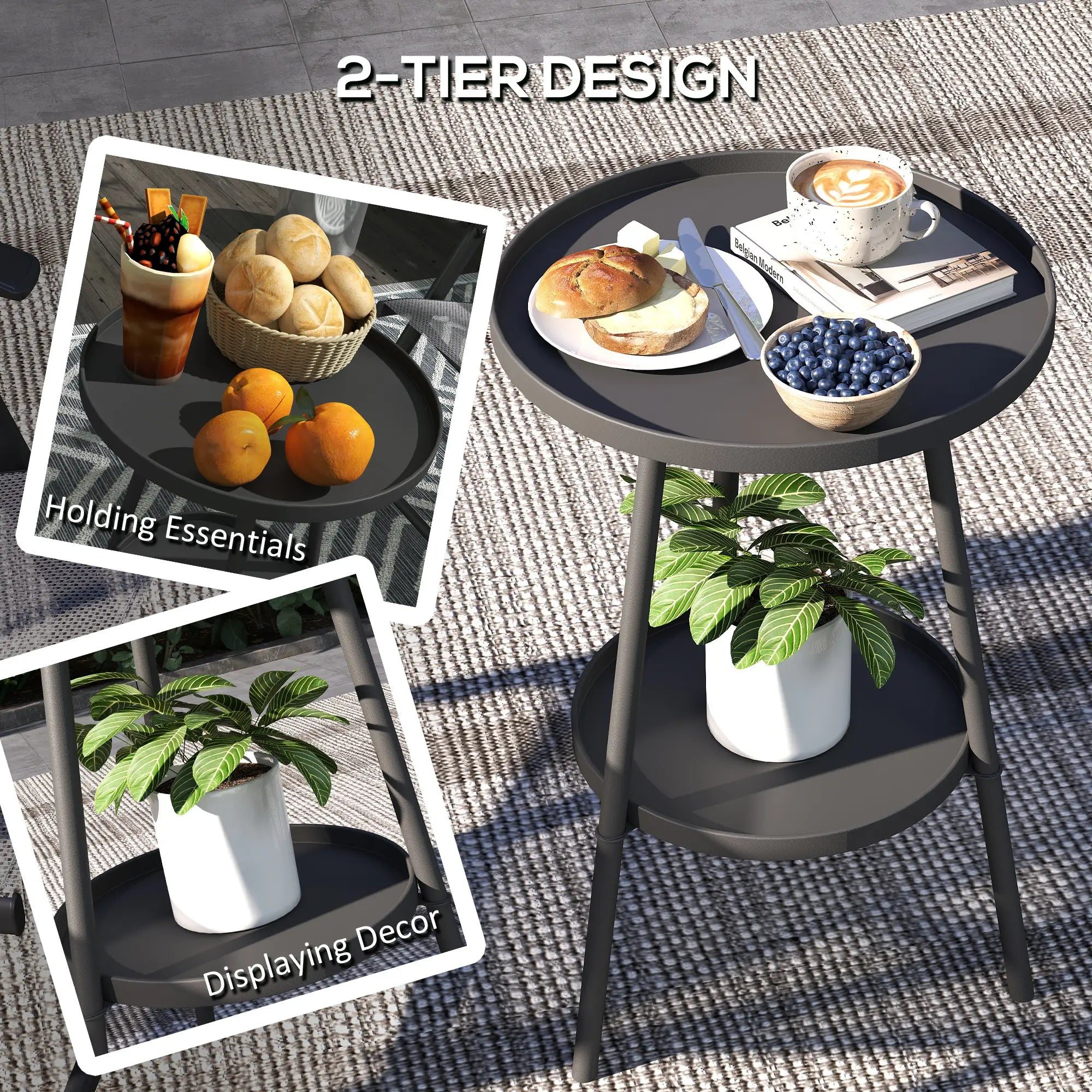 Round Garden Table, 2-Tier Small Side Table, Metal Patio Table, Black Patio Side Tables at Gallery Canada