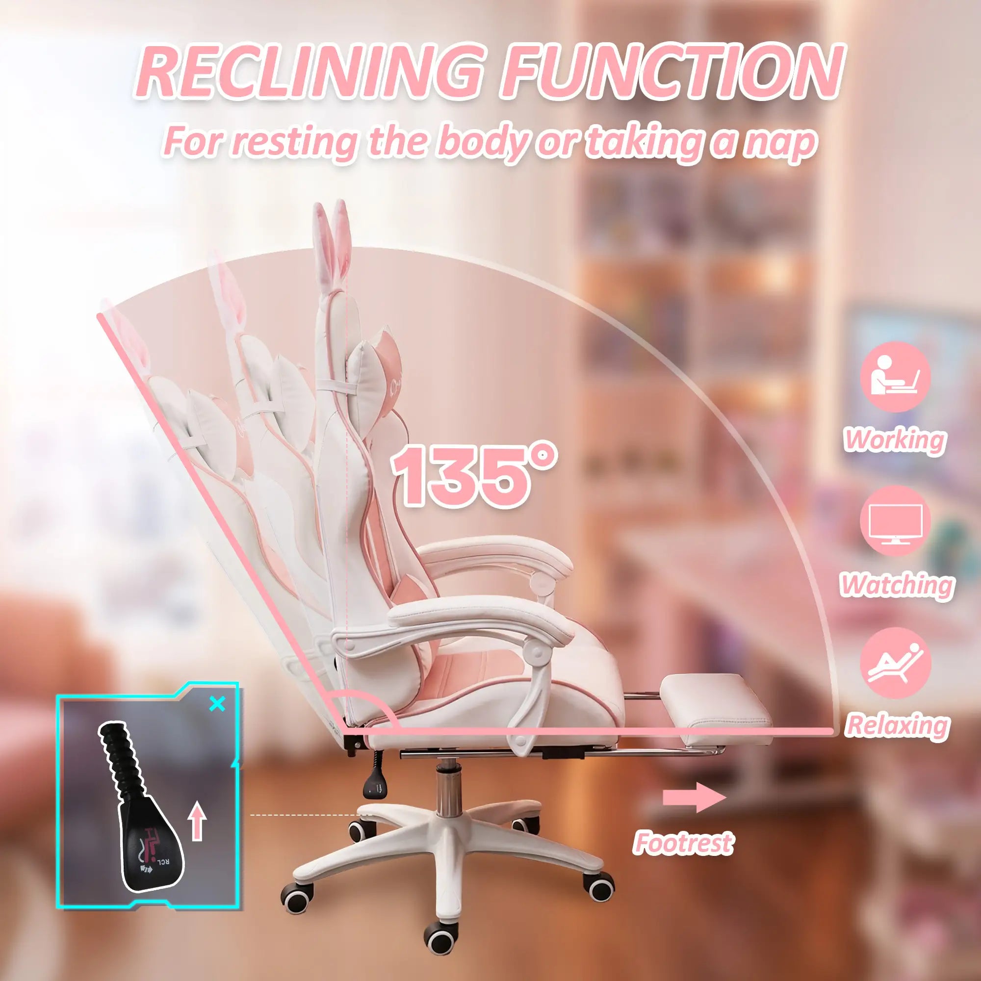 Racing Gamer Chair, PU Leather with Footrest, Headrest, Lumbar Support, Pink Video Game Chairs at Gallery Canada