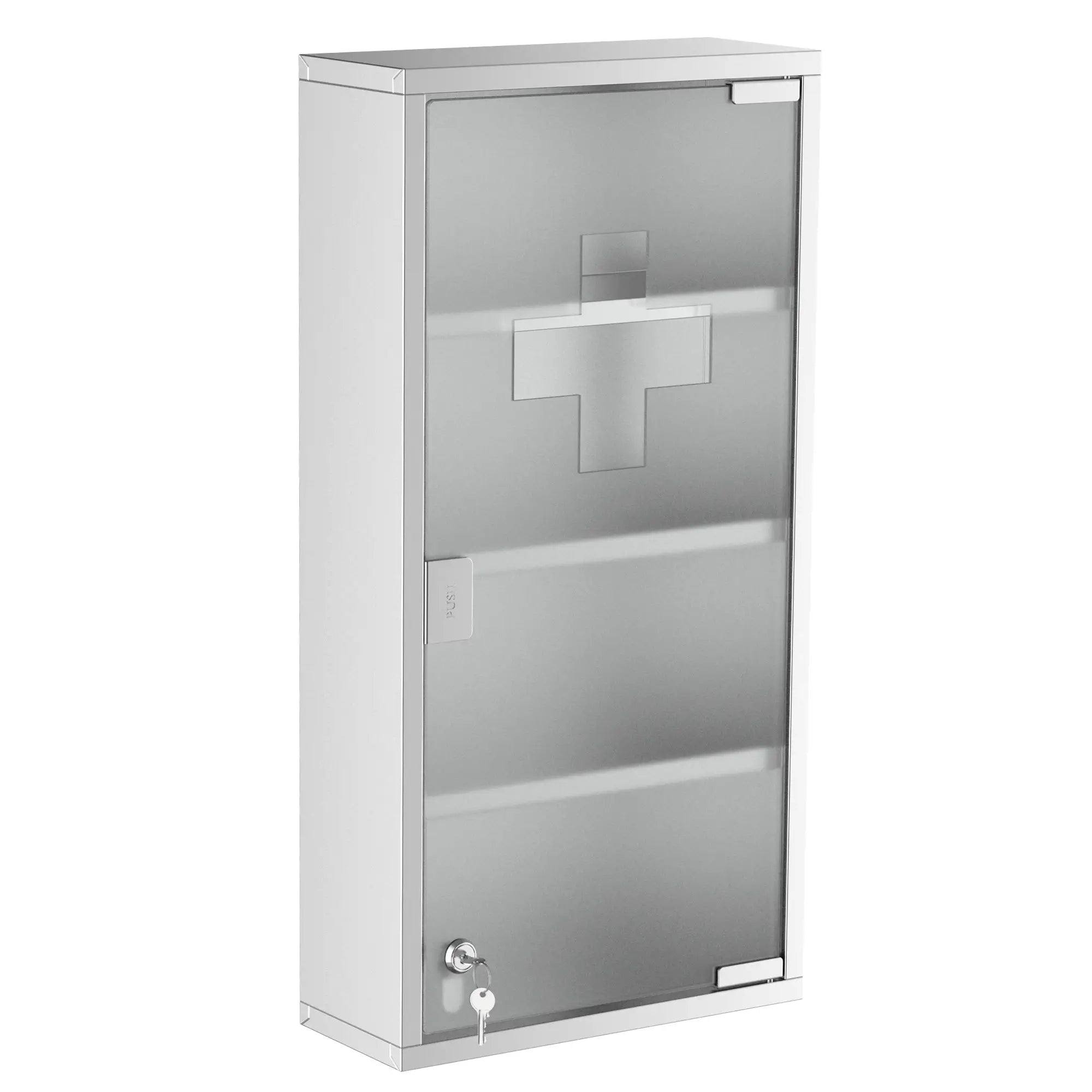 Wall Mount Medicine Cabinet, 4 Tier Shelves, Stainless Steel Frame, Glass Door, Lockable, 12