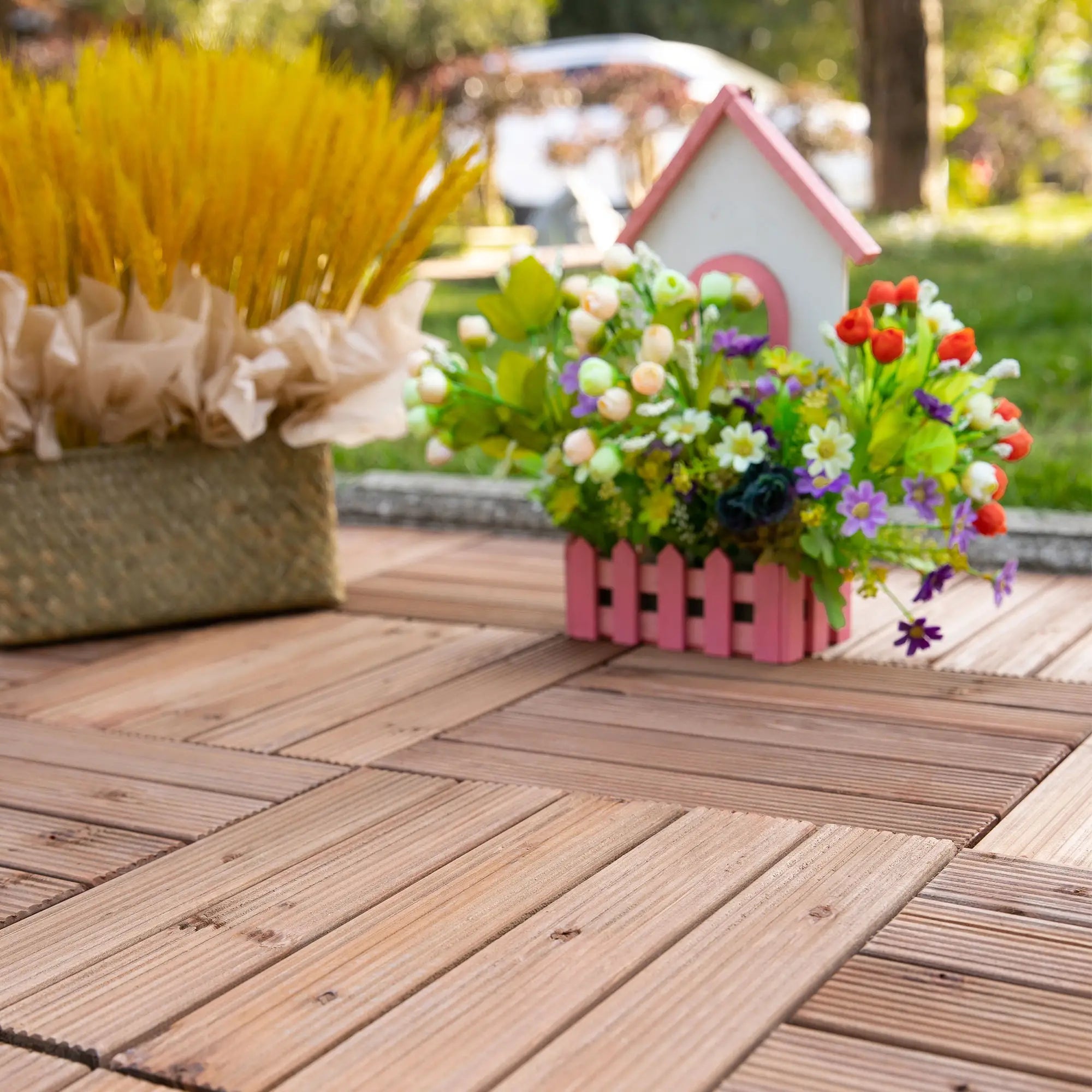 27 Pcs Wood Interlocking Deck Tiles, 12 x 12in, Tools Free Assembly, Brown Deck Tiles Brown at Gallery Canada
