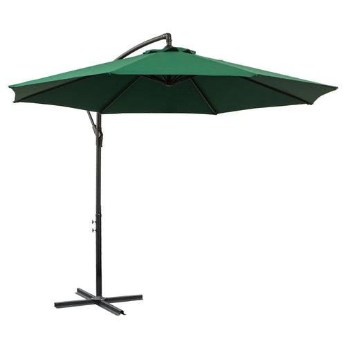 9.7ft Offset Patio Umbrella, 8 Ribs, Crank Handle, Cross Base, Green