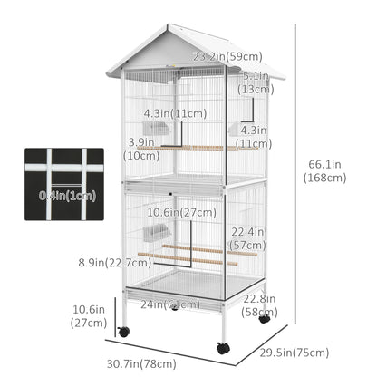 Wrought Metal Bird Cage Feeder with Rolling Stand Perches Food Containers Doors Wheels 67" H, White at Gallery Canada